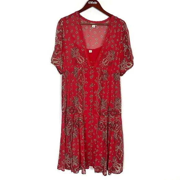 Sundance Briela Bandana Western Cowgirl Print Bohemian Midi Dress Red Sz Medium - Picture 2 of 13